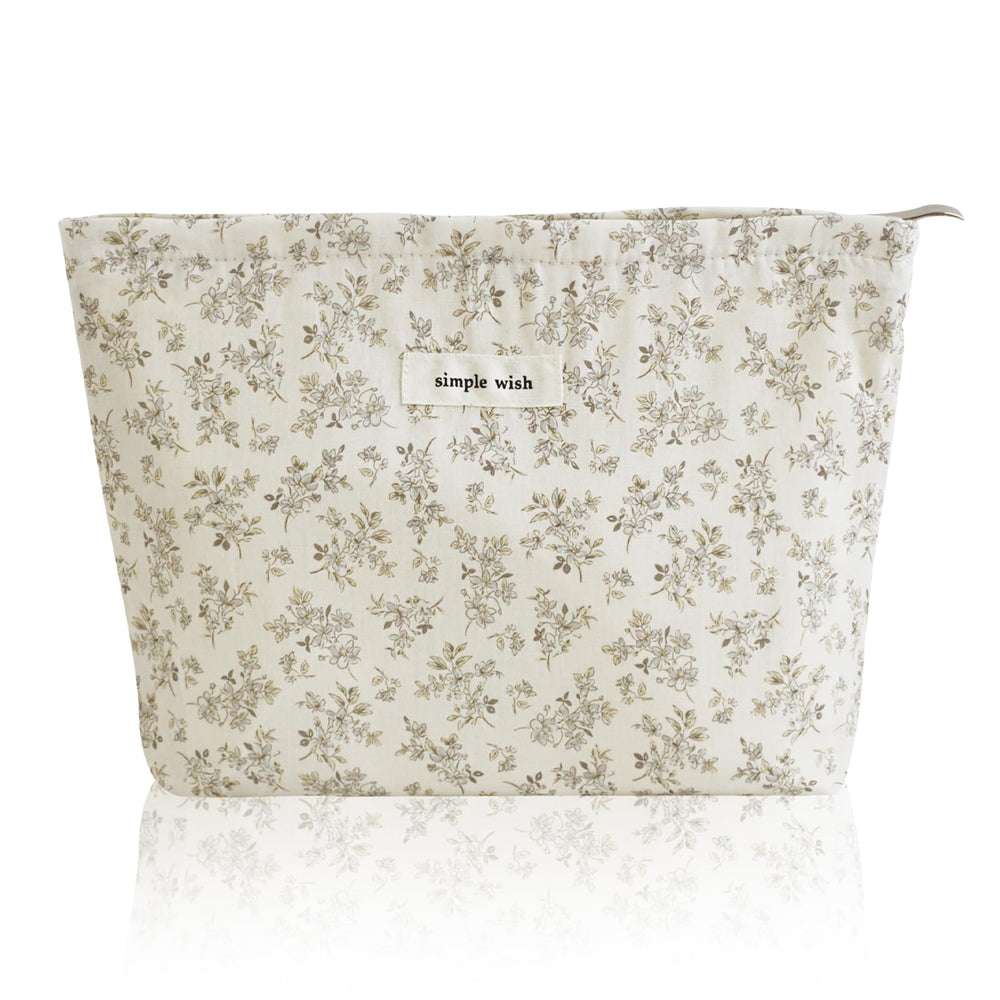 Wudygirl cute makeup bag khaki floral front view for stylish travel storage and organization.