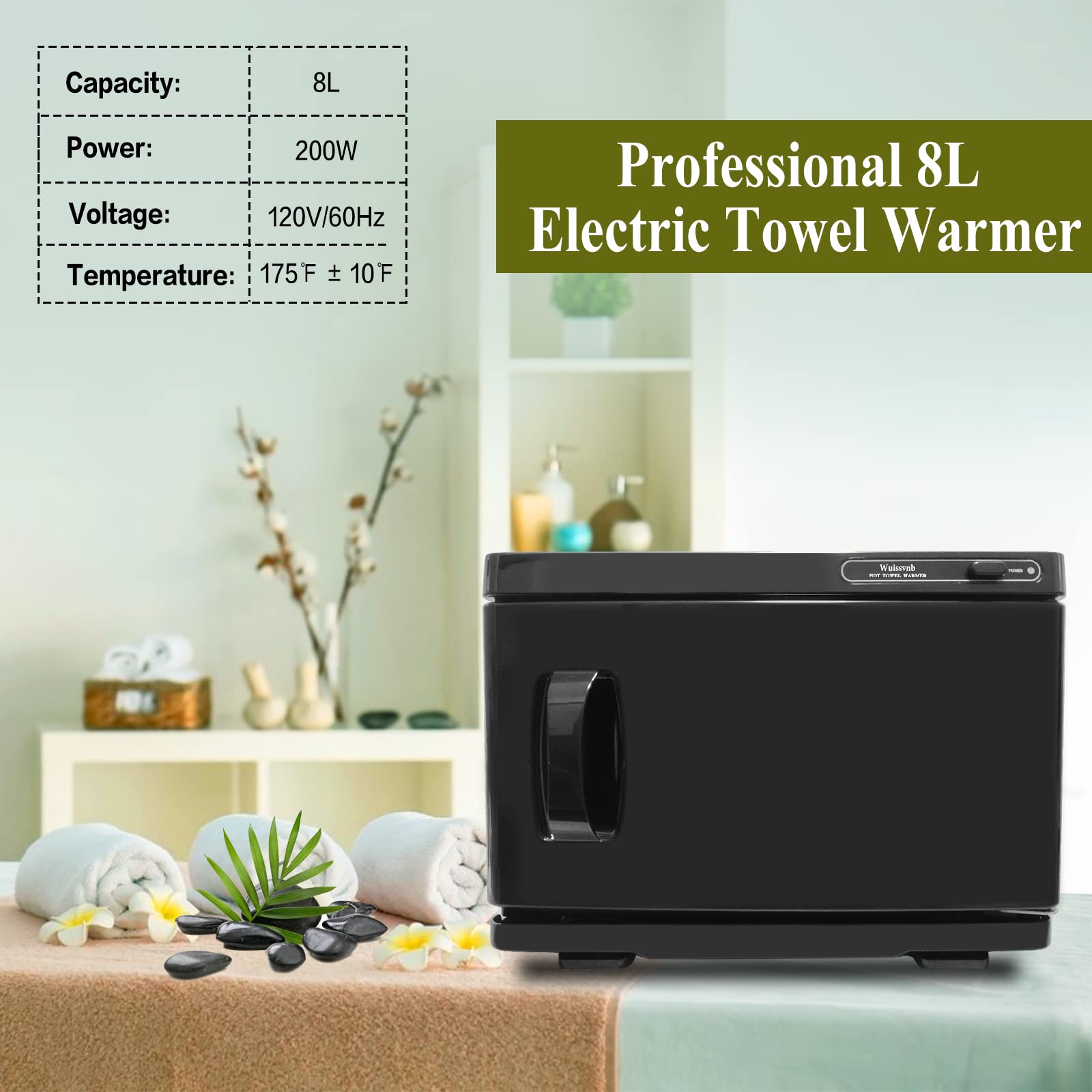 Wuissvnb 8L towel warmer front angled view highlights easy access and warm towels