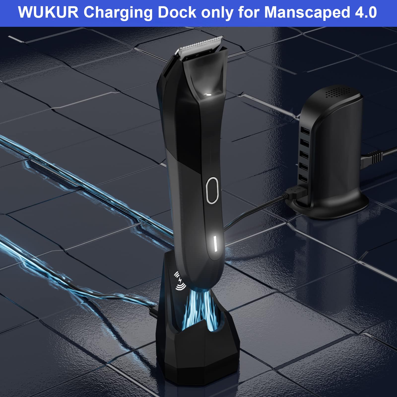 WUKUR charging dock demonstrates compatibility with Manscaped 4.0 for seamless grooming.