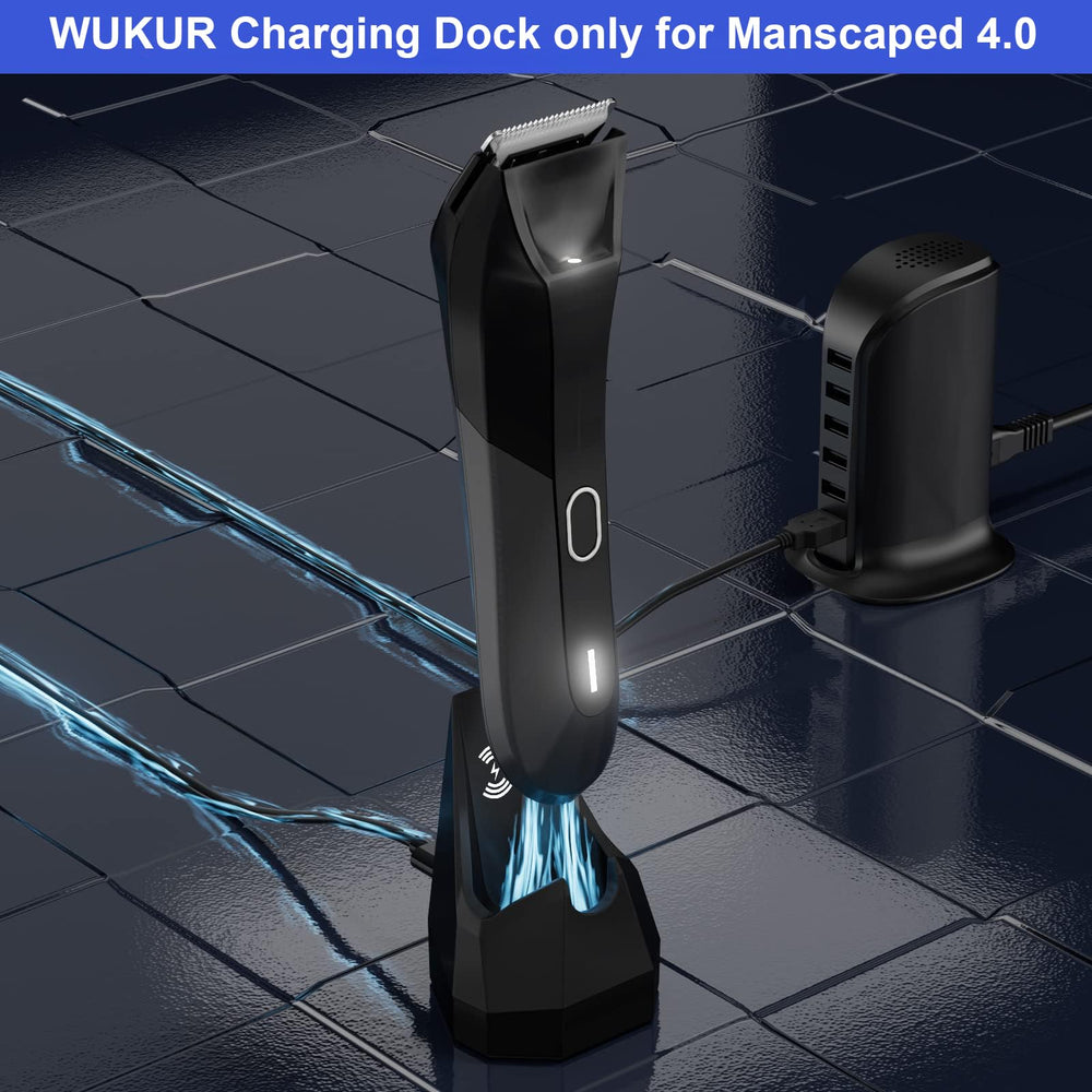 WUKUR charging dock demonstrates compatibility with Manscaped 4.0 for seamless grooming.