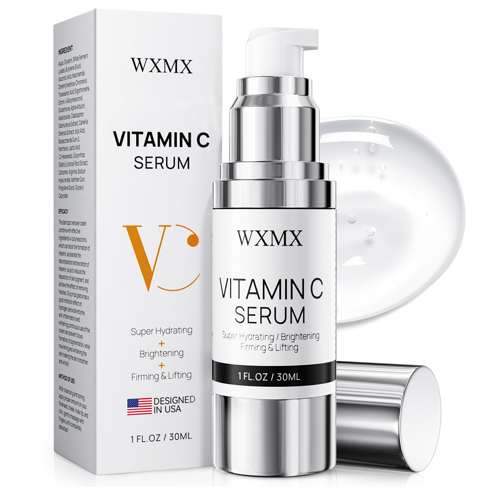 WXMX Super C Serum bottle-pour shows easy application and quick absorption for daily hydration