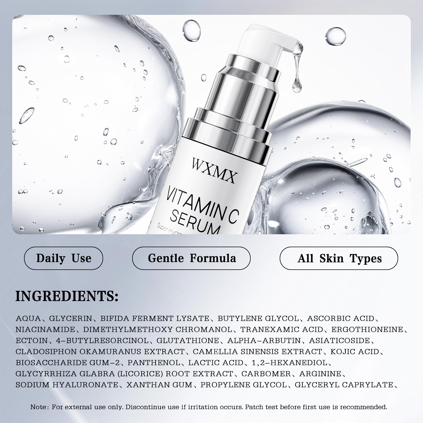 WXMX Super C Serum packaging features a compact 1 fl oz bottle for travel