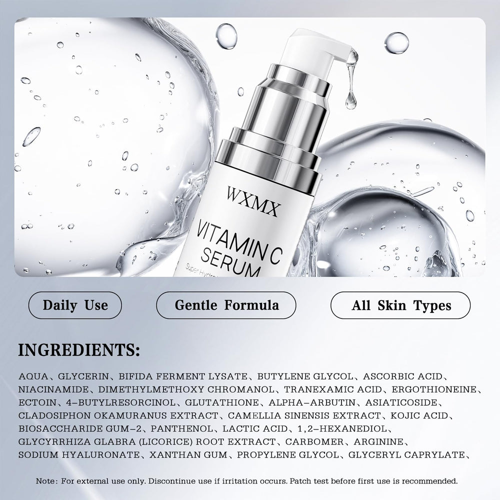 WXMX Super C Serum packaging features a compact 1 fl oz bottle for travel