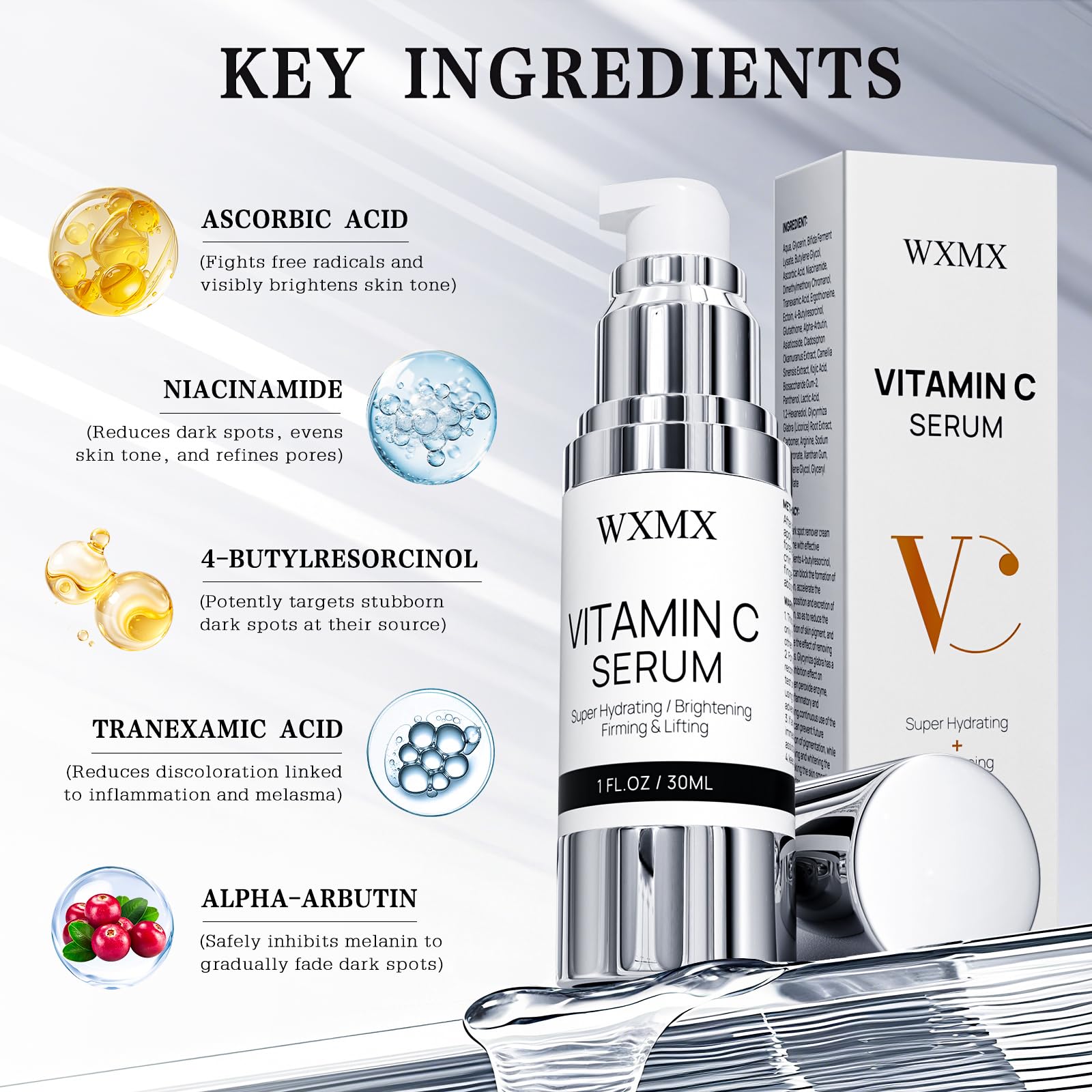 WXMX Super C Serum texture-closeup reveals a lightweight, non-greasy finish