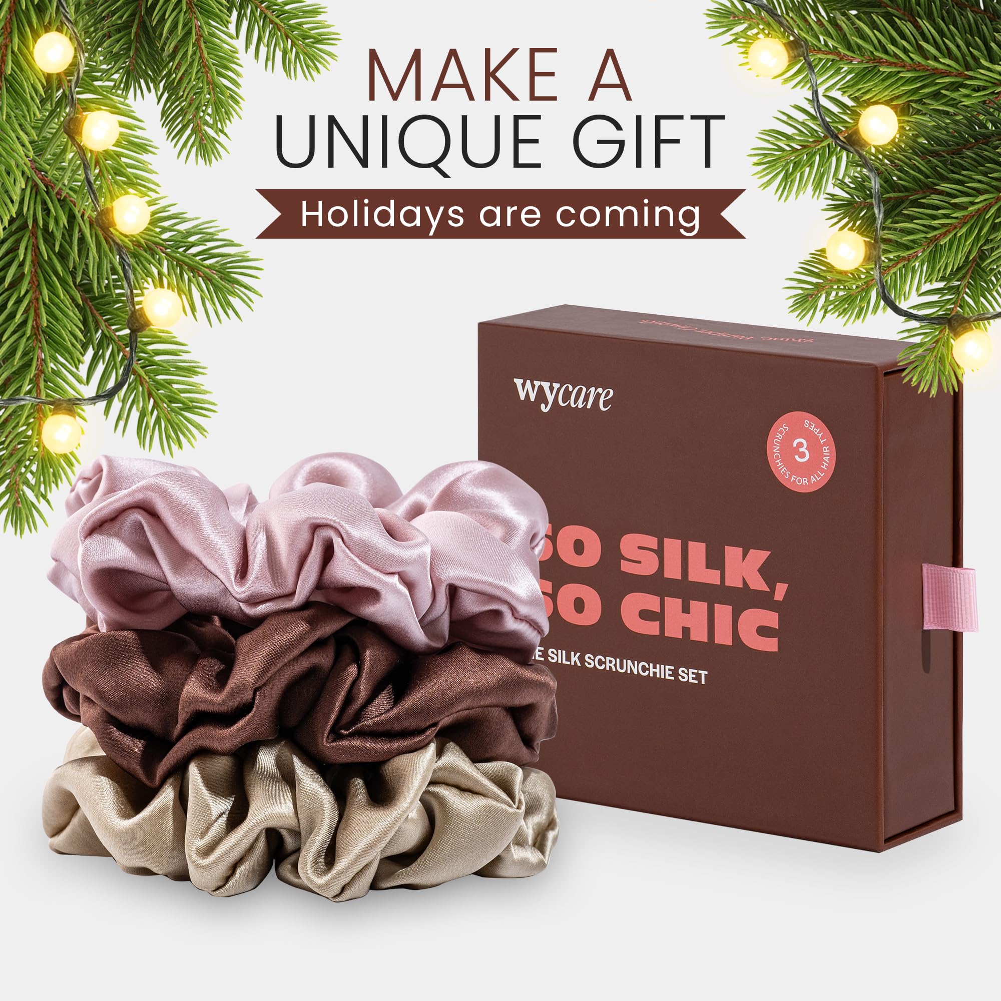 Wycare silk scrunchie in champagne hue offers moisture-retaining comfort for curls.