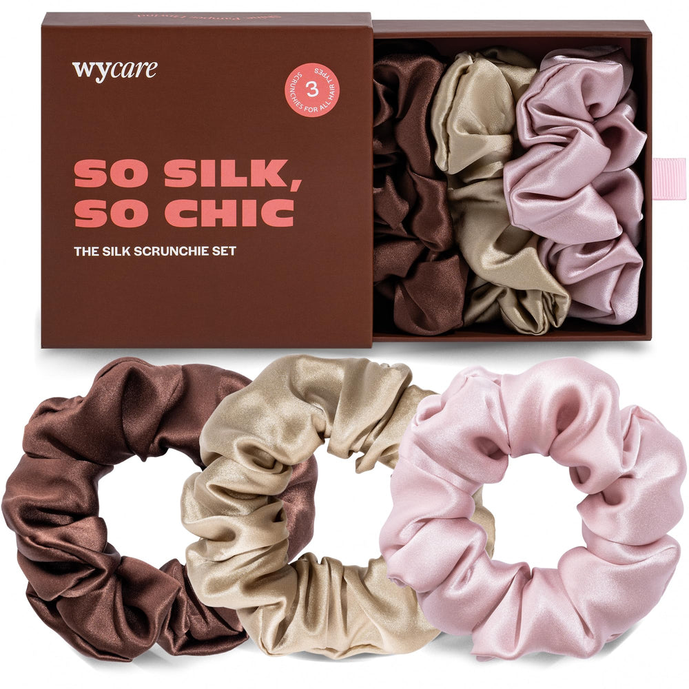 Wycare silk scrunchie in chocolate color promotes gentle, tangle-free morning routine.