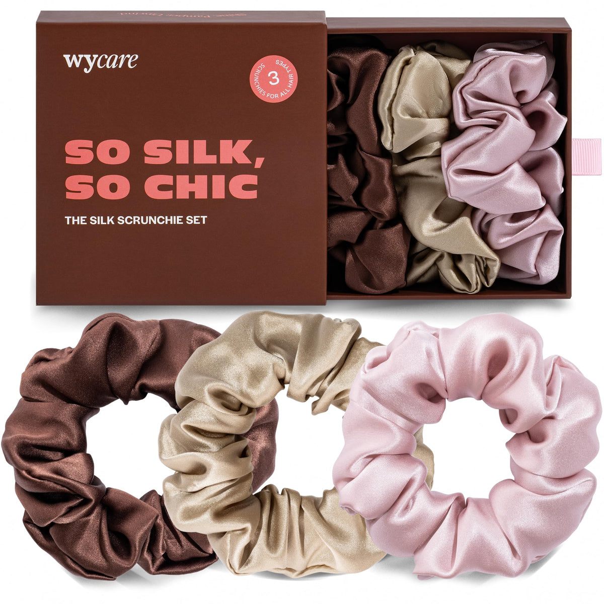 Wycare silk scrunchie in chocolate color promotes gentle, tangle-free morning routine.