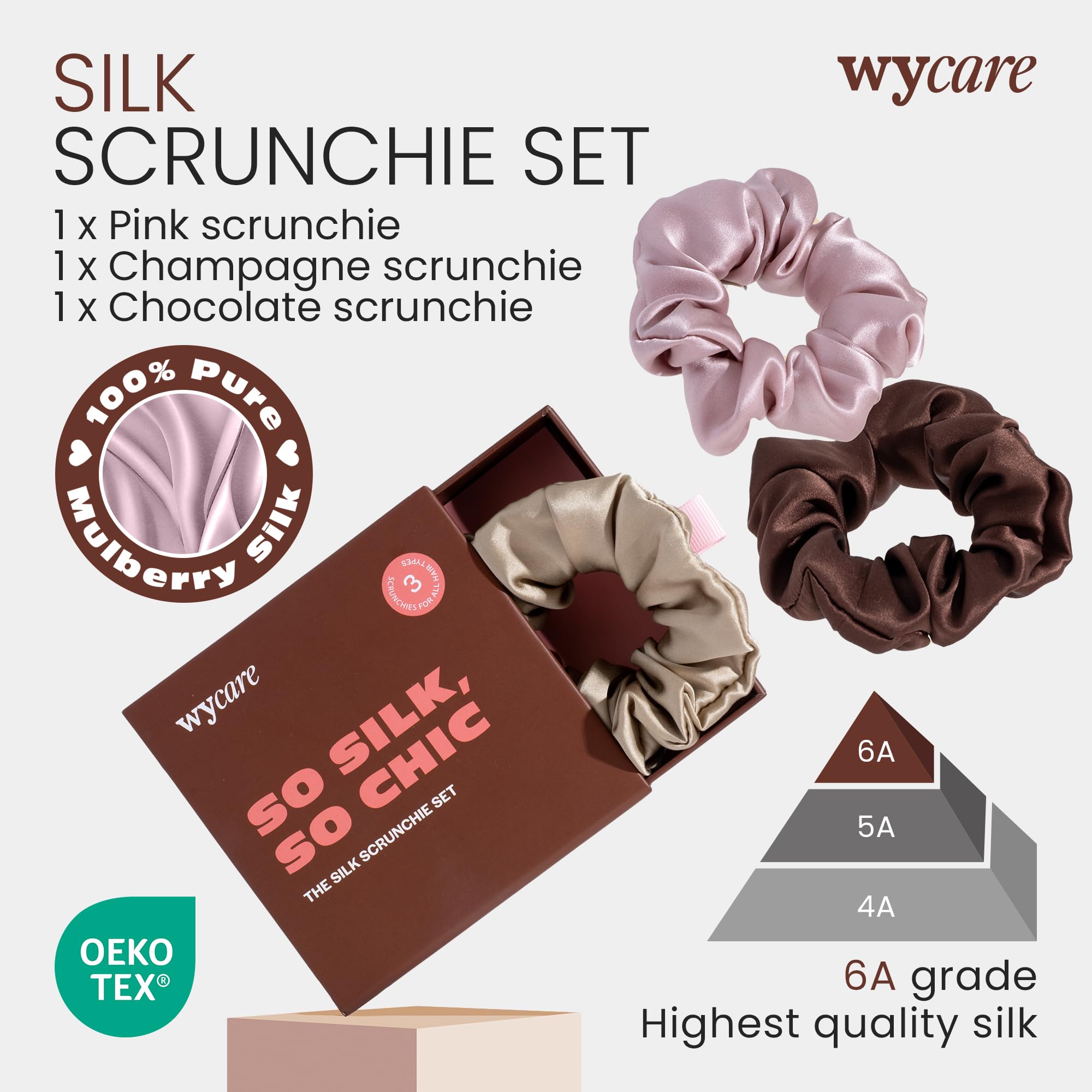 Wycare pink silk scrunchie enhances fullness for stylish daytime looks.