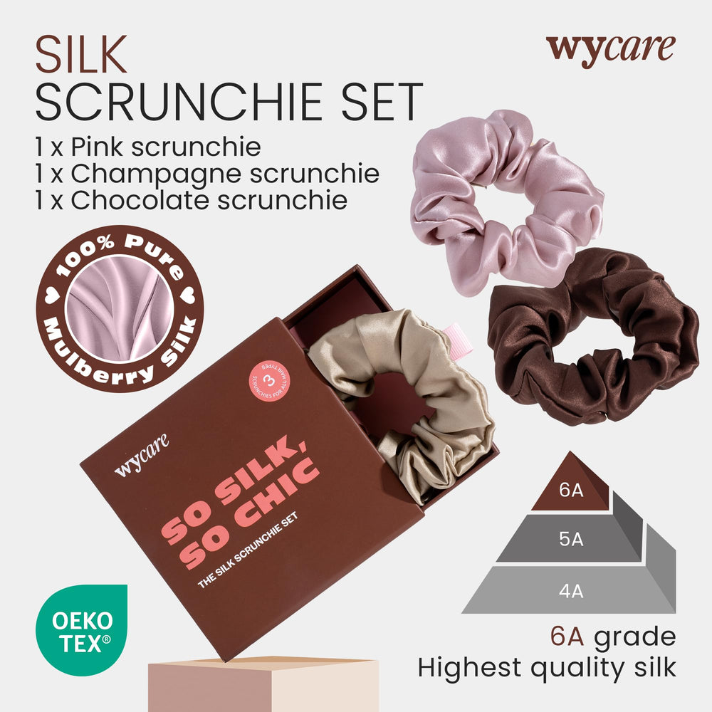 Wycare pink silk scrunchie enhances fullness for stylish daytime looks.