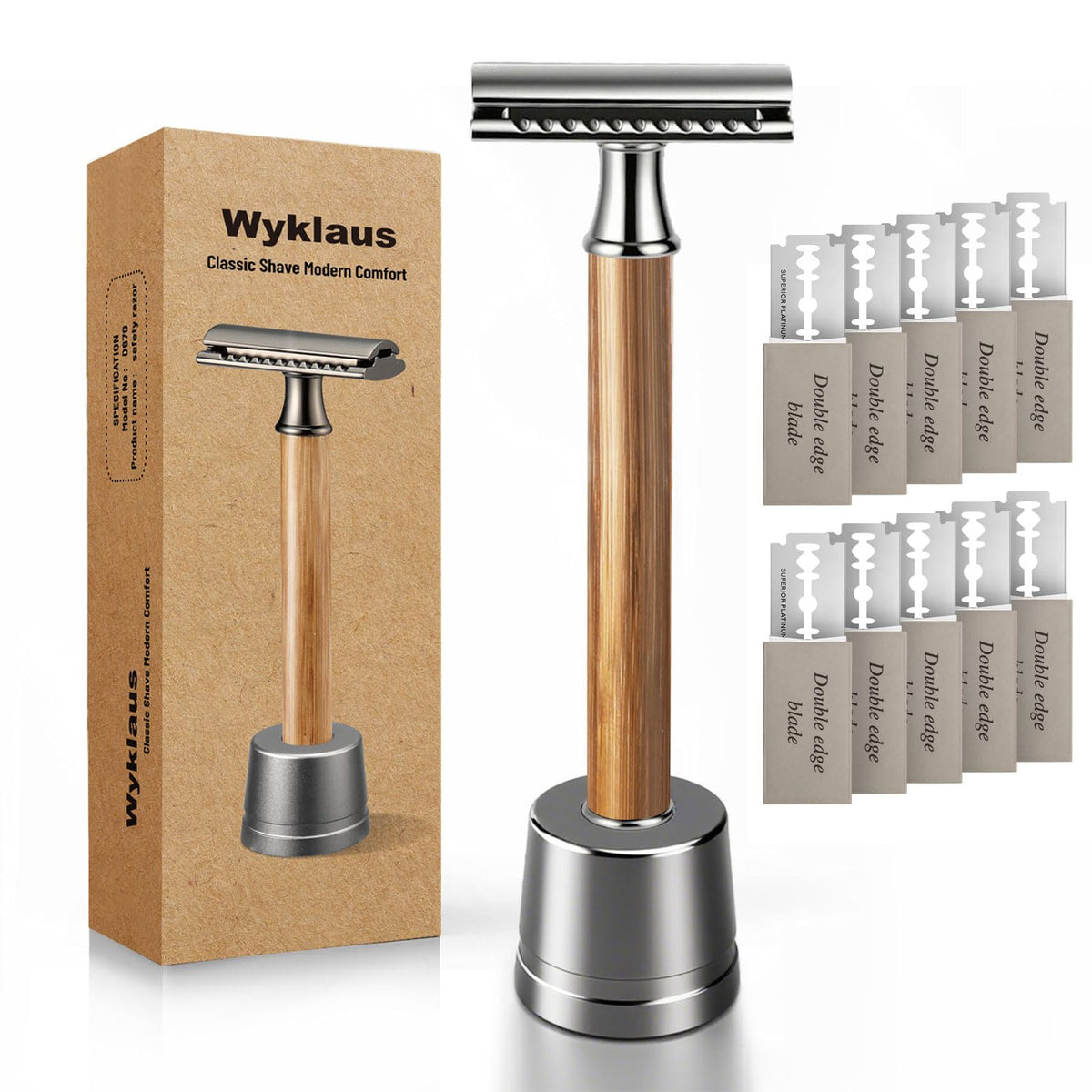 Wyklaus double-edge razor metal head close-up for precise, comfortable shave