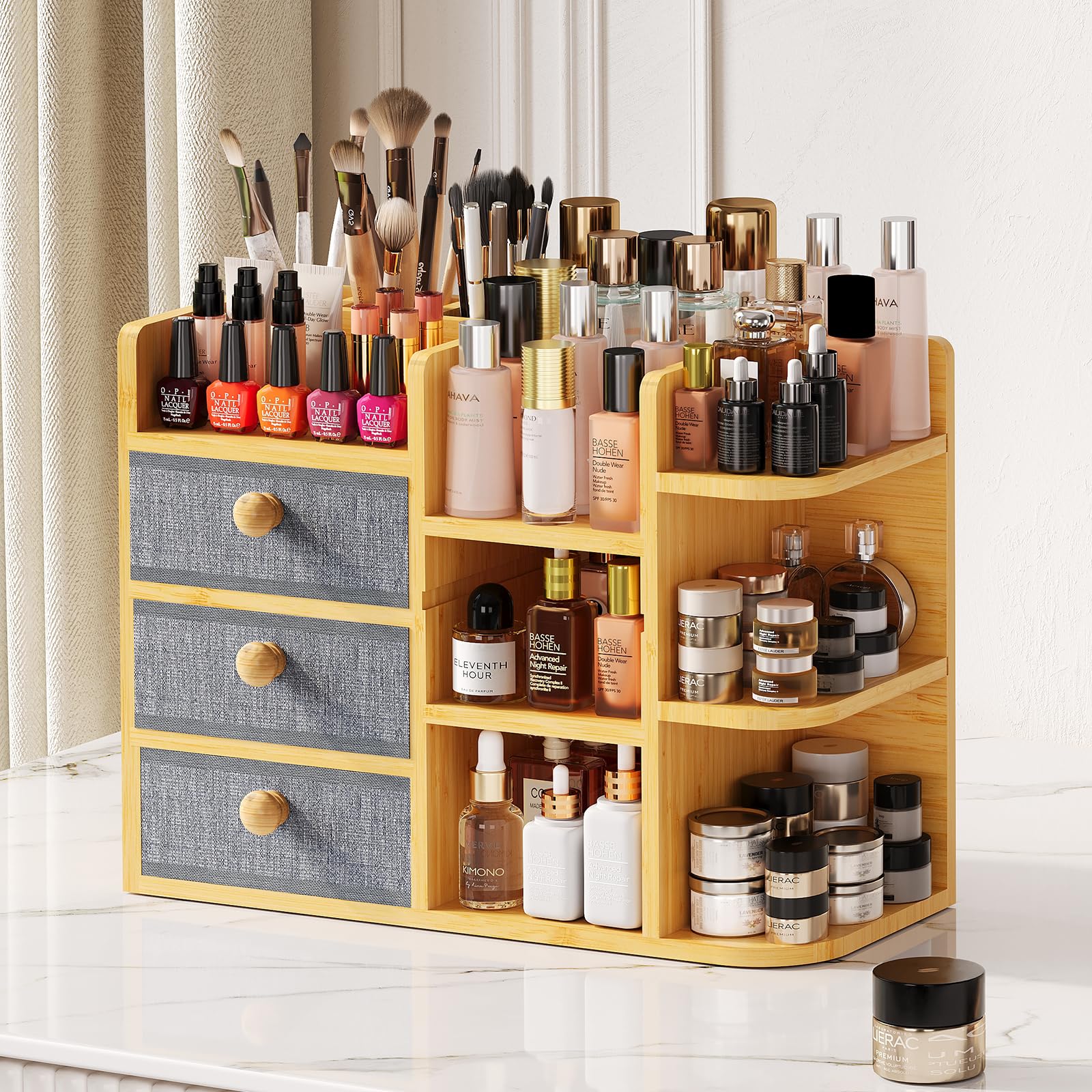 X-cosrack large bamboo makeup organizer front view with roomy storage for quick routines.