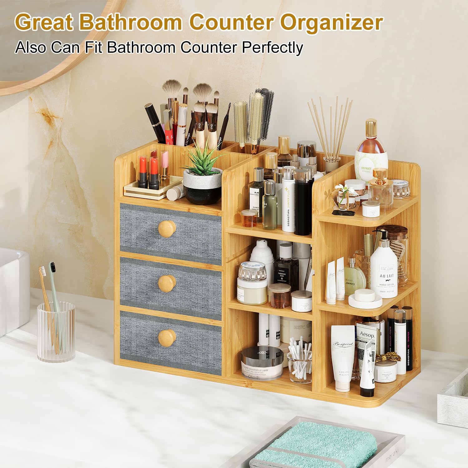 X-cosrack multi-scene setup fits both vanity and bathroom counters.