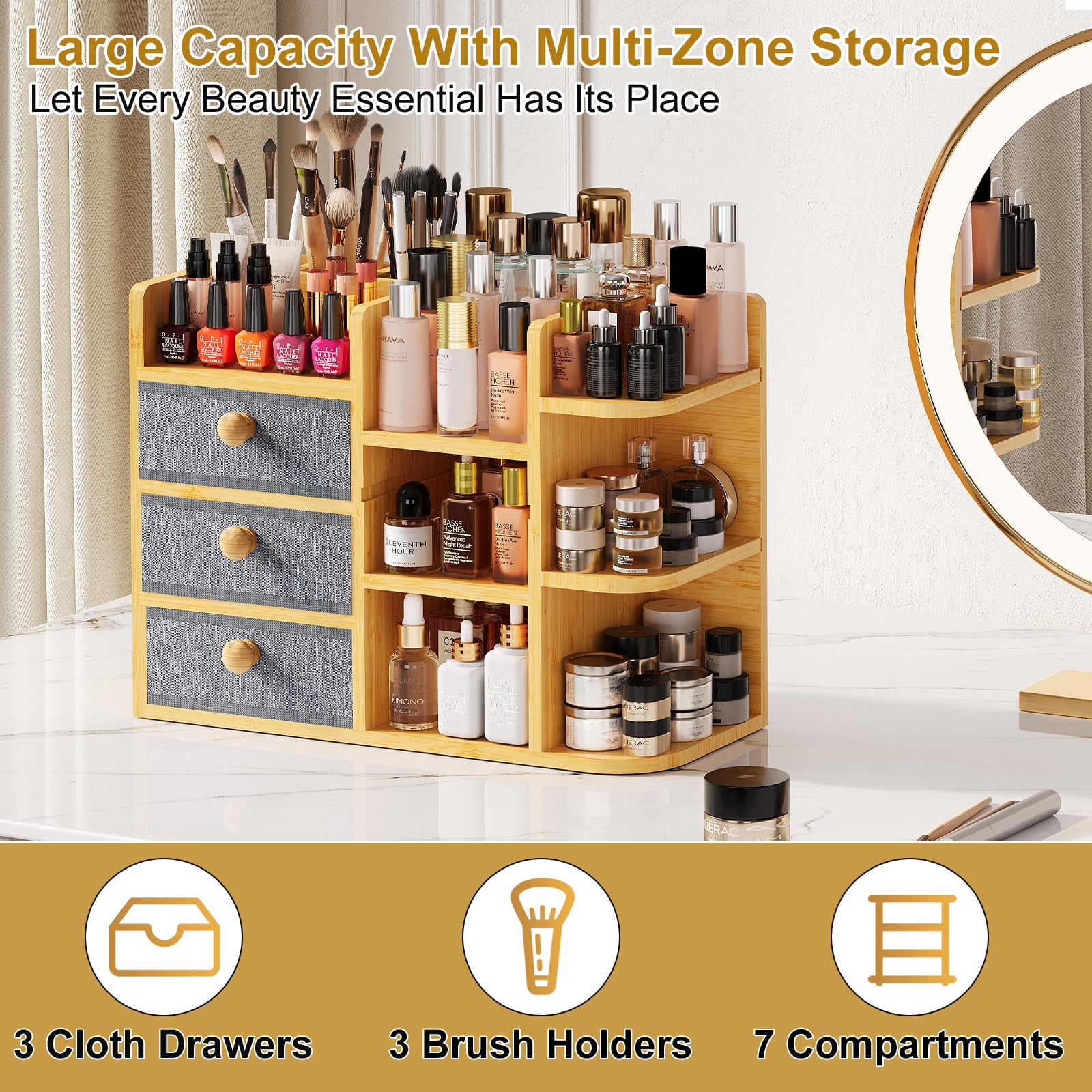 X-cosrack seven-compartments display keeps eyeshadows and serums neatly organized.