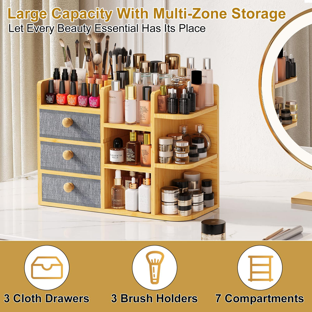 X-cosrack seven-compartments display keeps eyeshadows and serums neatly organized.