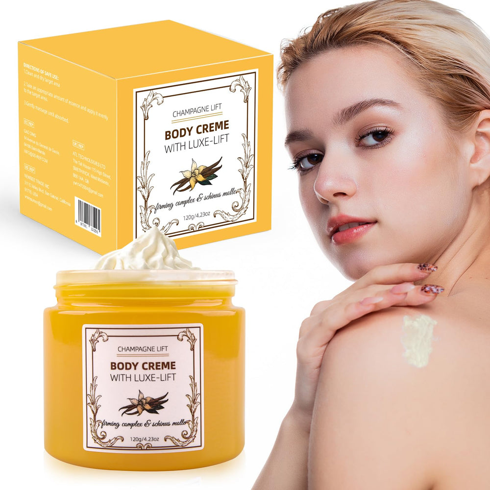 Xaninp Champagne Body Cream bottle close-up showcasing luxurious hydration.