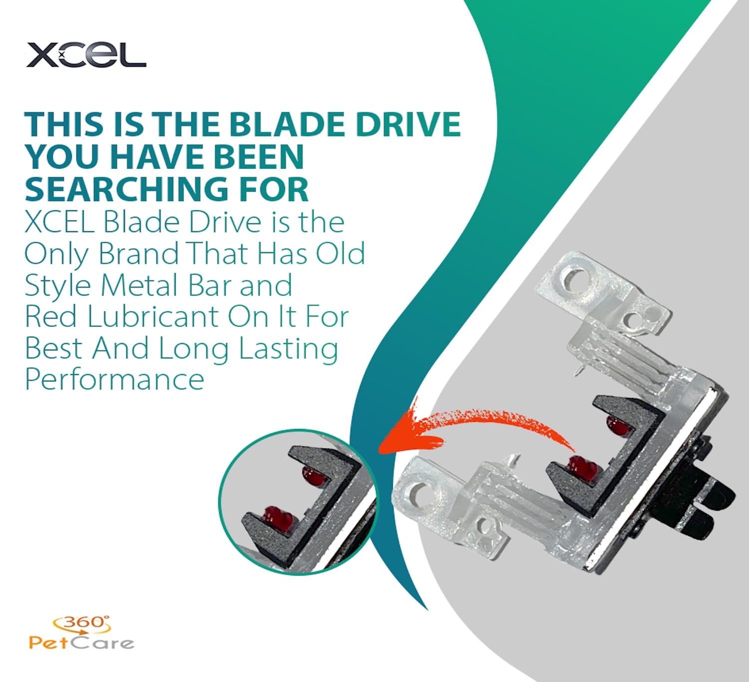 XCEL blade drive metal bar closeup shows durability for steady clipping.