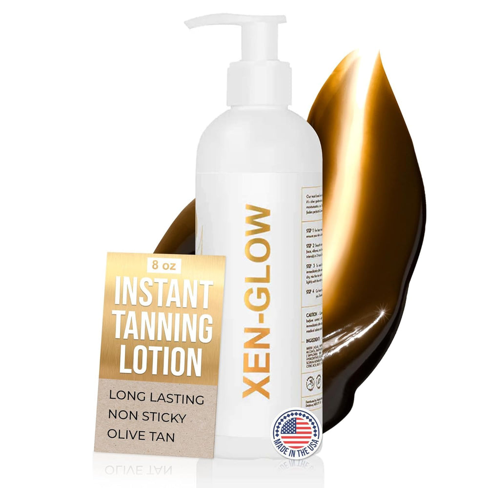 XEN-GLOW dark self-tanner bottle closeup shows streak-free olive tone