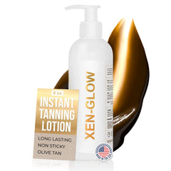 XEN-GLOW dark self-tanner bottle closeup shows streak-free olive tone