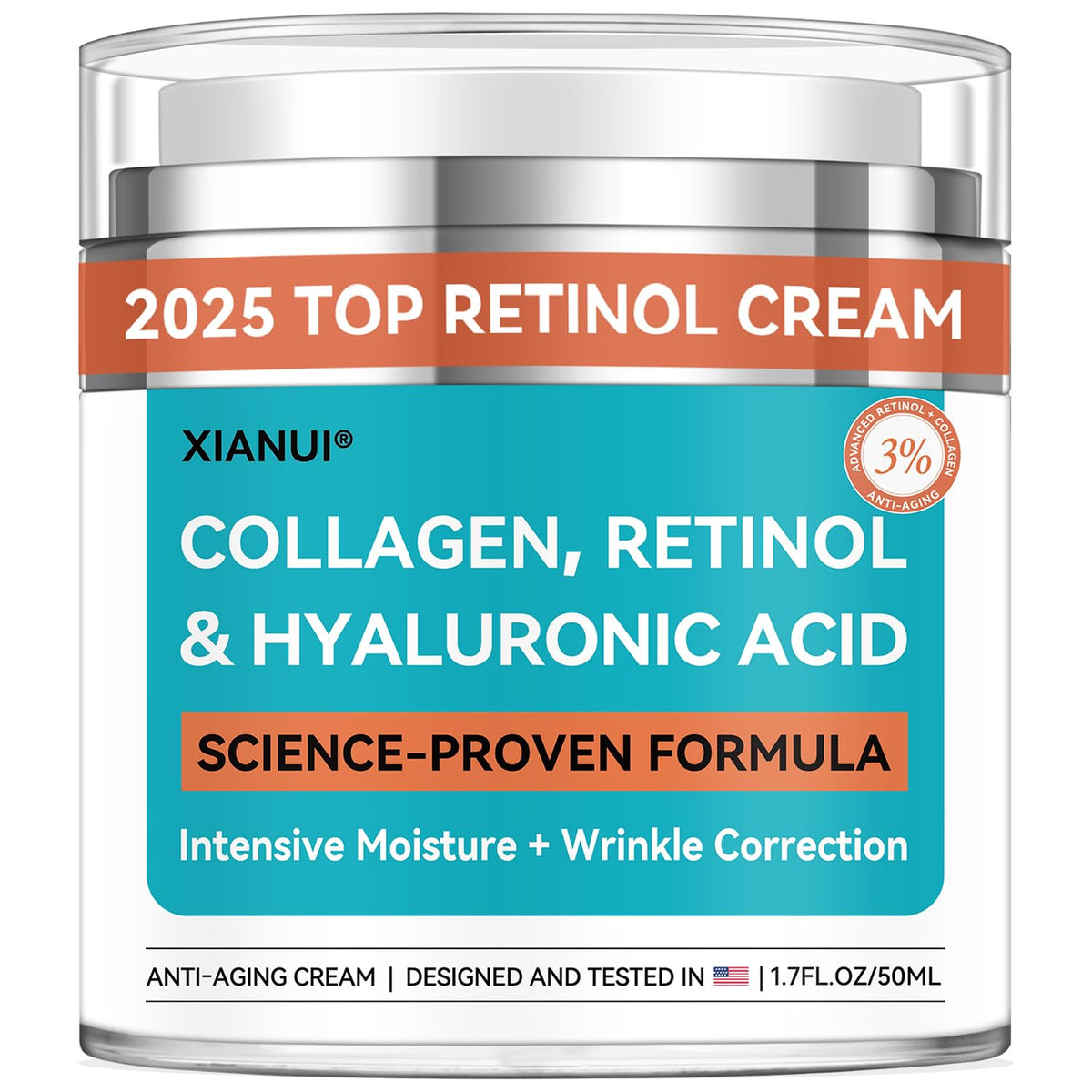 XIANUI retinol-collagen-ha face cream jar close-up shows rich texture and hydration