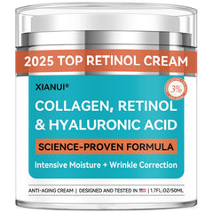 XIANUI retinol-collagen-ha face cream jar close-up shows rich texture and hydration