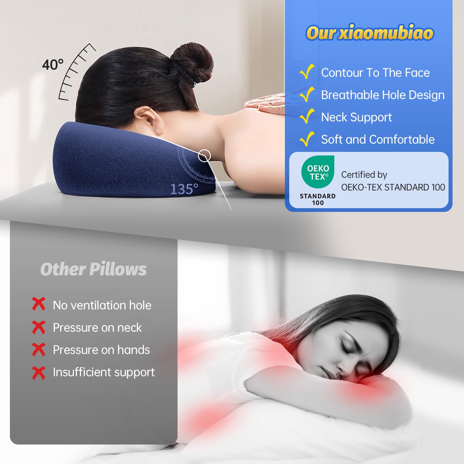xiaomubiao face-down pillow tailored-fit — contours adapt to your face for gentle support.