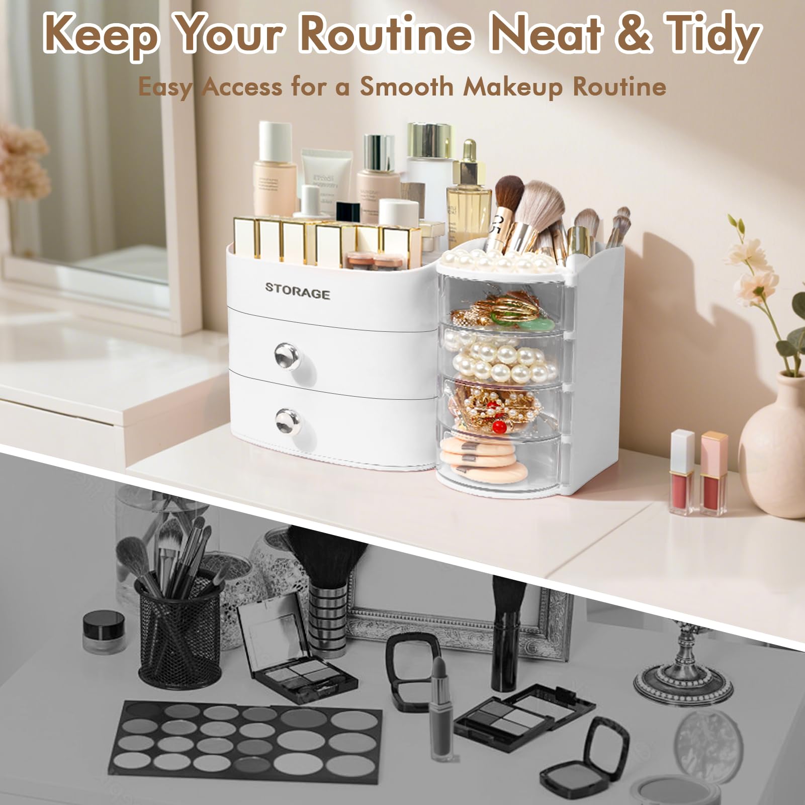 XIAPIA bedroom dresser setup combines cosmetics and jewelry in one tidy space.