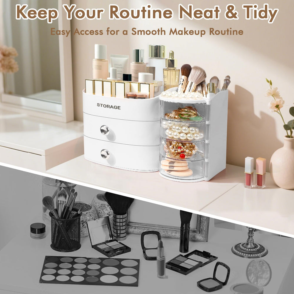 XIAPIA bedroom dresser setup combines cosmetics and jewelry in one tidy space.