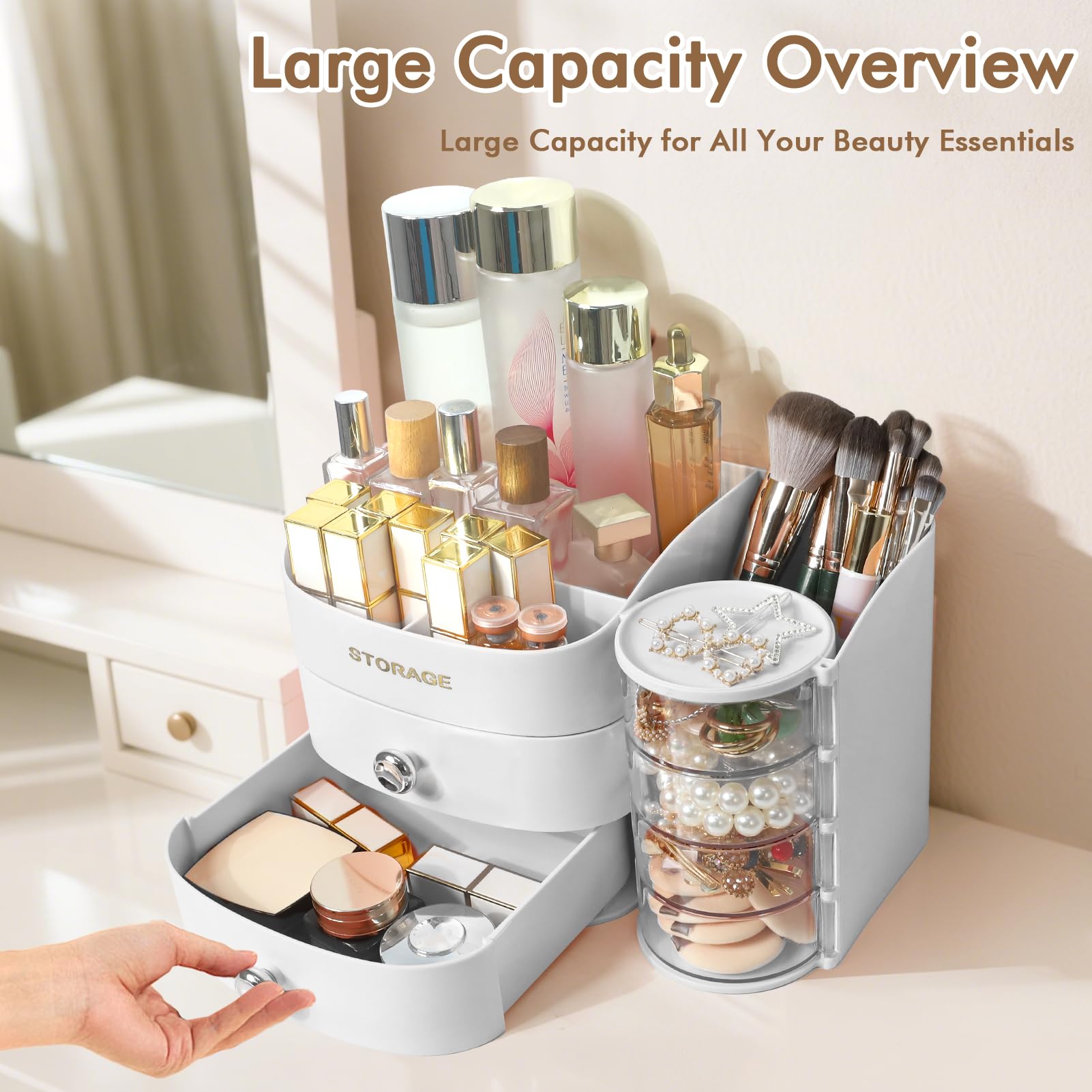 XIAPIA opaque drawers hide clutter while maintaining a sleek vanity look.