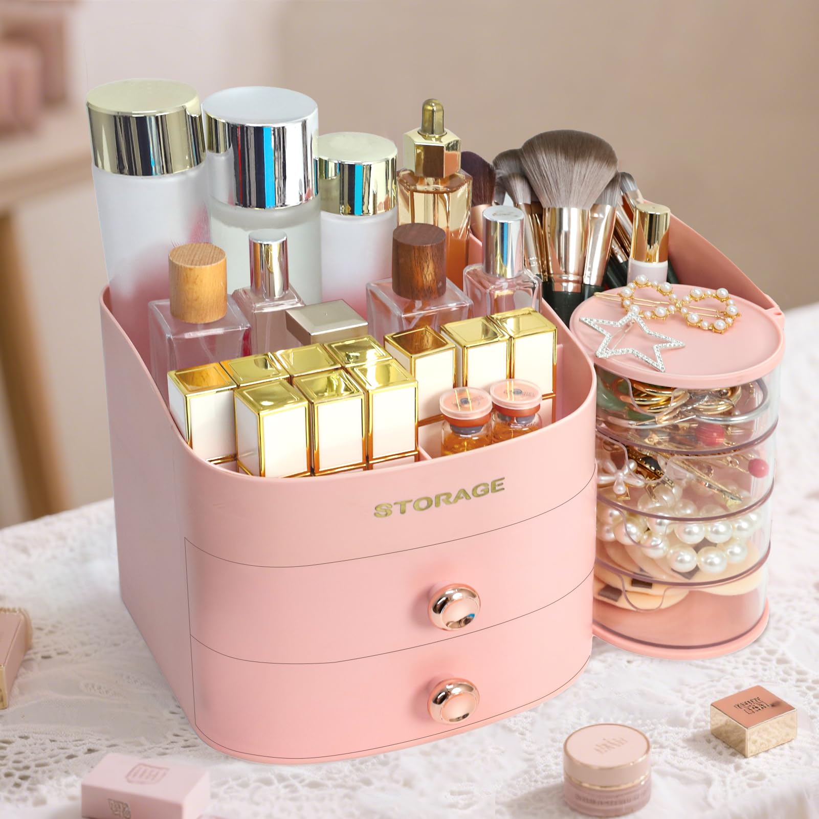 XIAPIA Makeup Organizer rotating tower shown for quick access to favorites