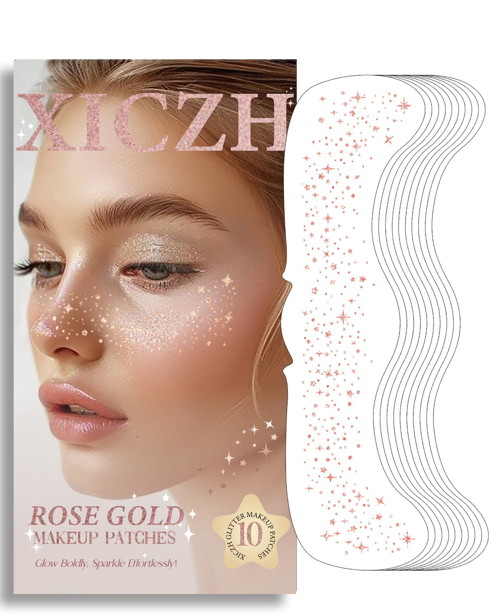 XICZH rose gold glitter patch on cheek for festival glow.