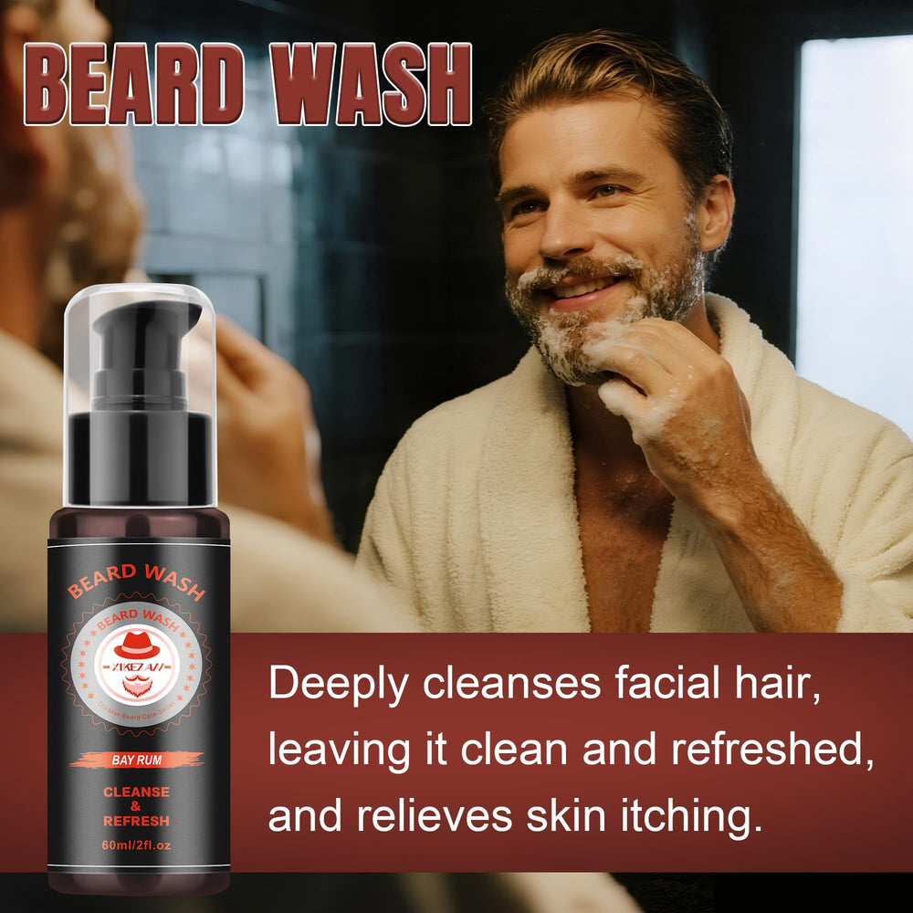 XIKEZAN beard balm jar shown with wash and conditioner for hydration.