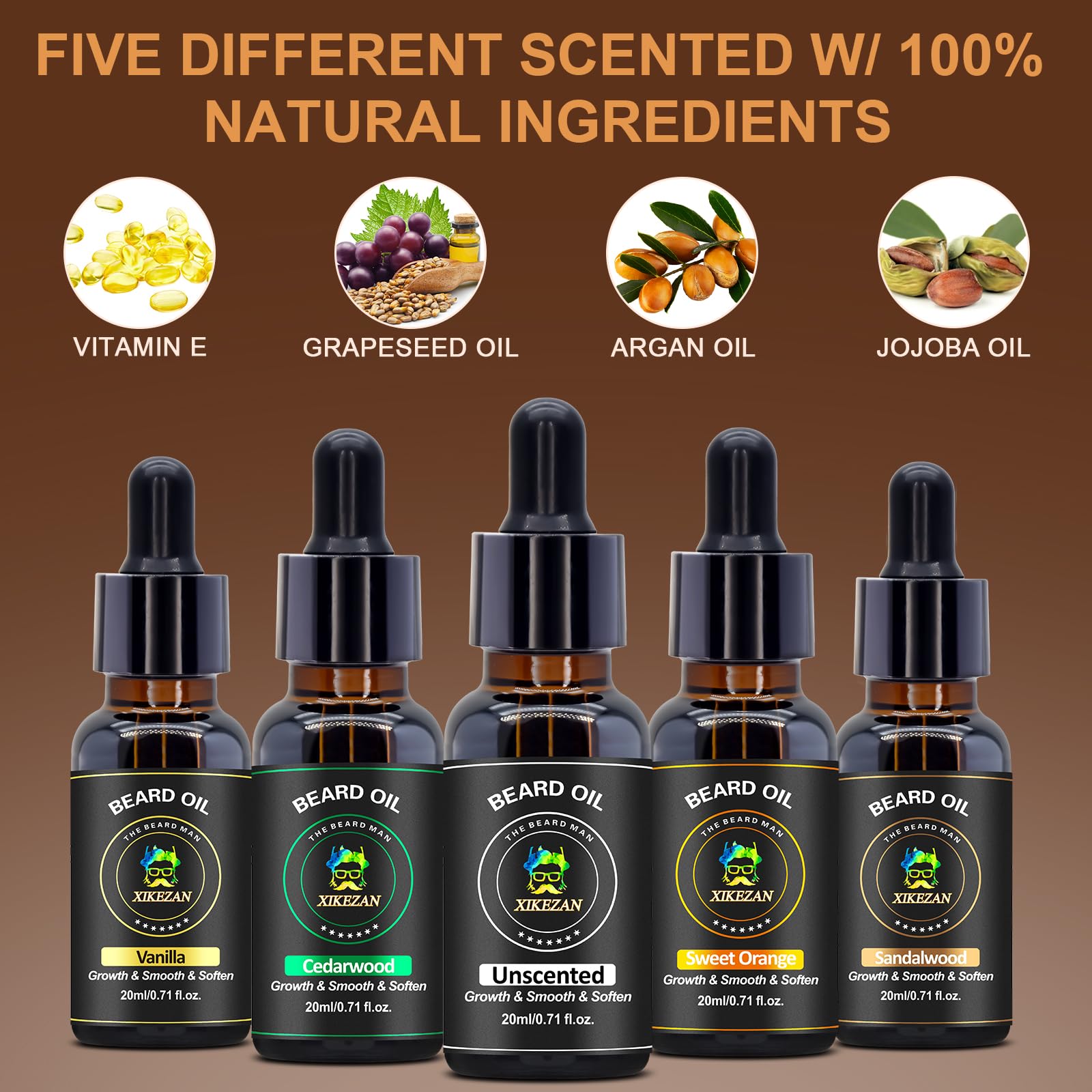 Xikezan beard oil orange bottle delivers citrus scent and conditioning for shine.