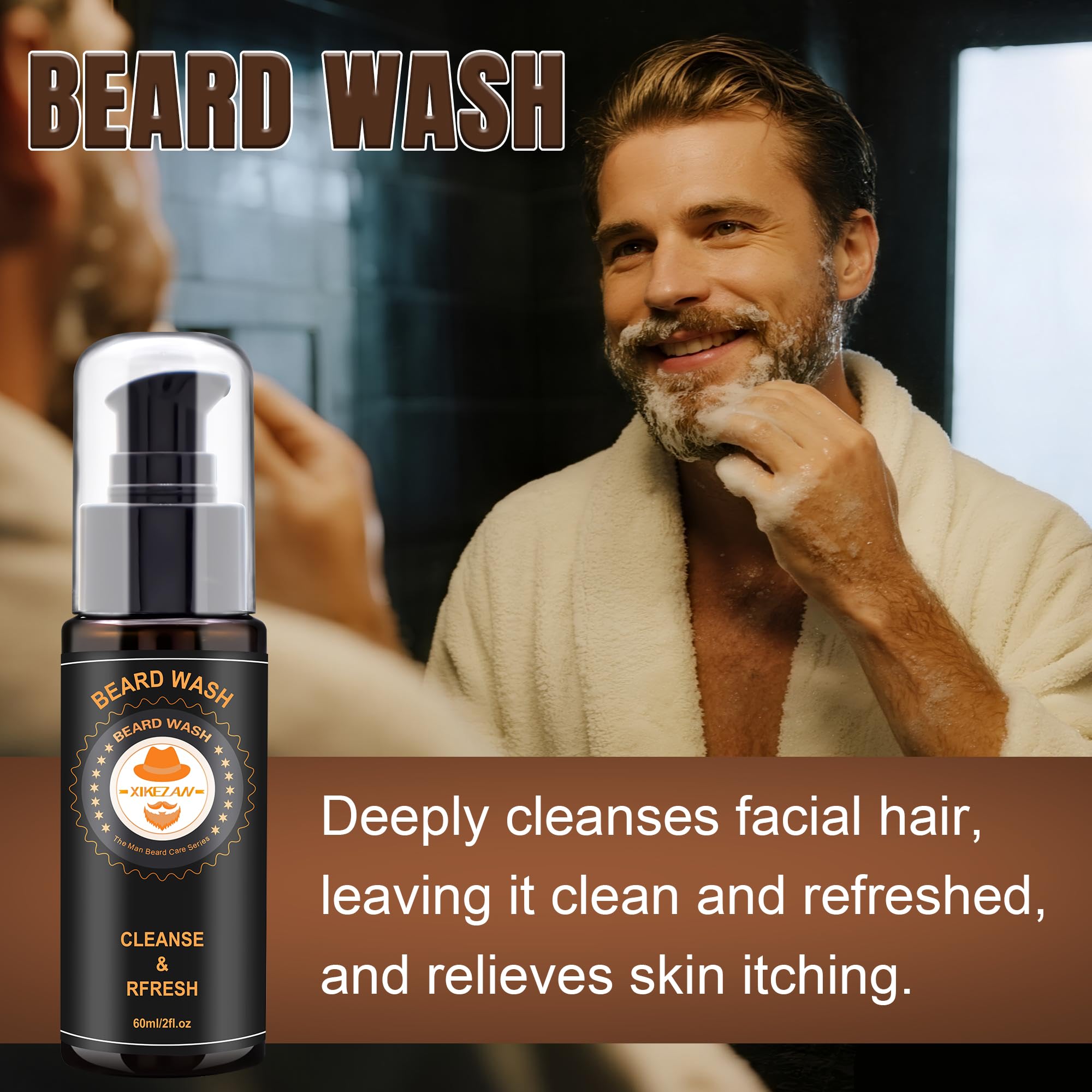 XIKEZAN beard oil image emphasizes moisturizing facial hair and skin for softer, shinier beard