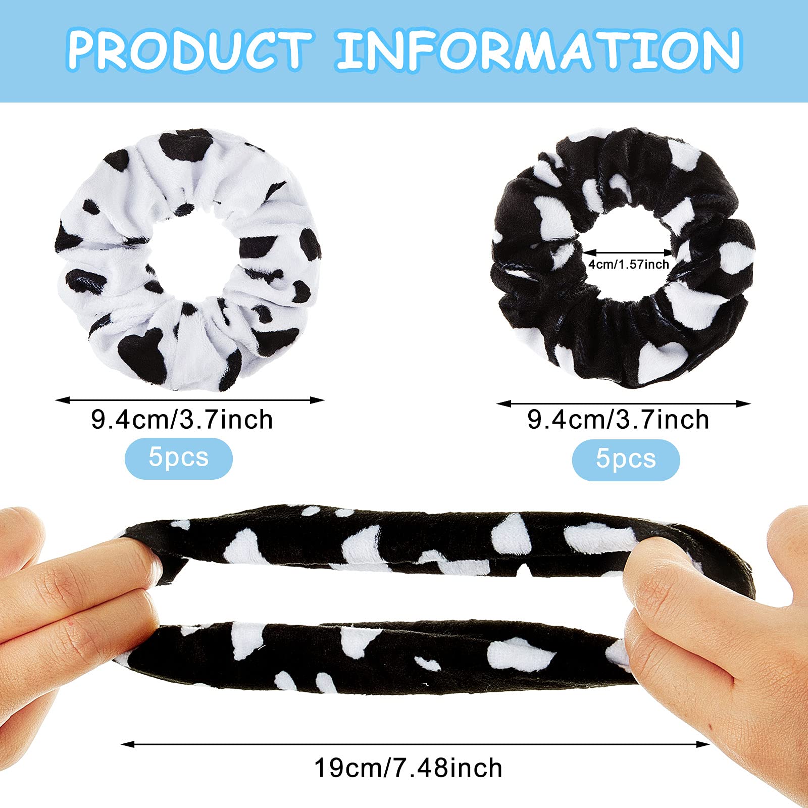 Xinnun cow-pattern scrunchies closeup highlights soft fabric and secure hold.