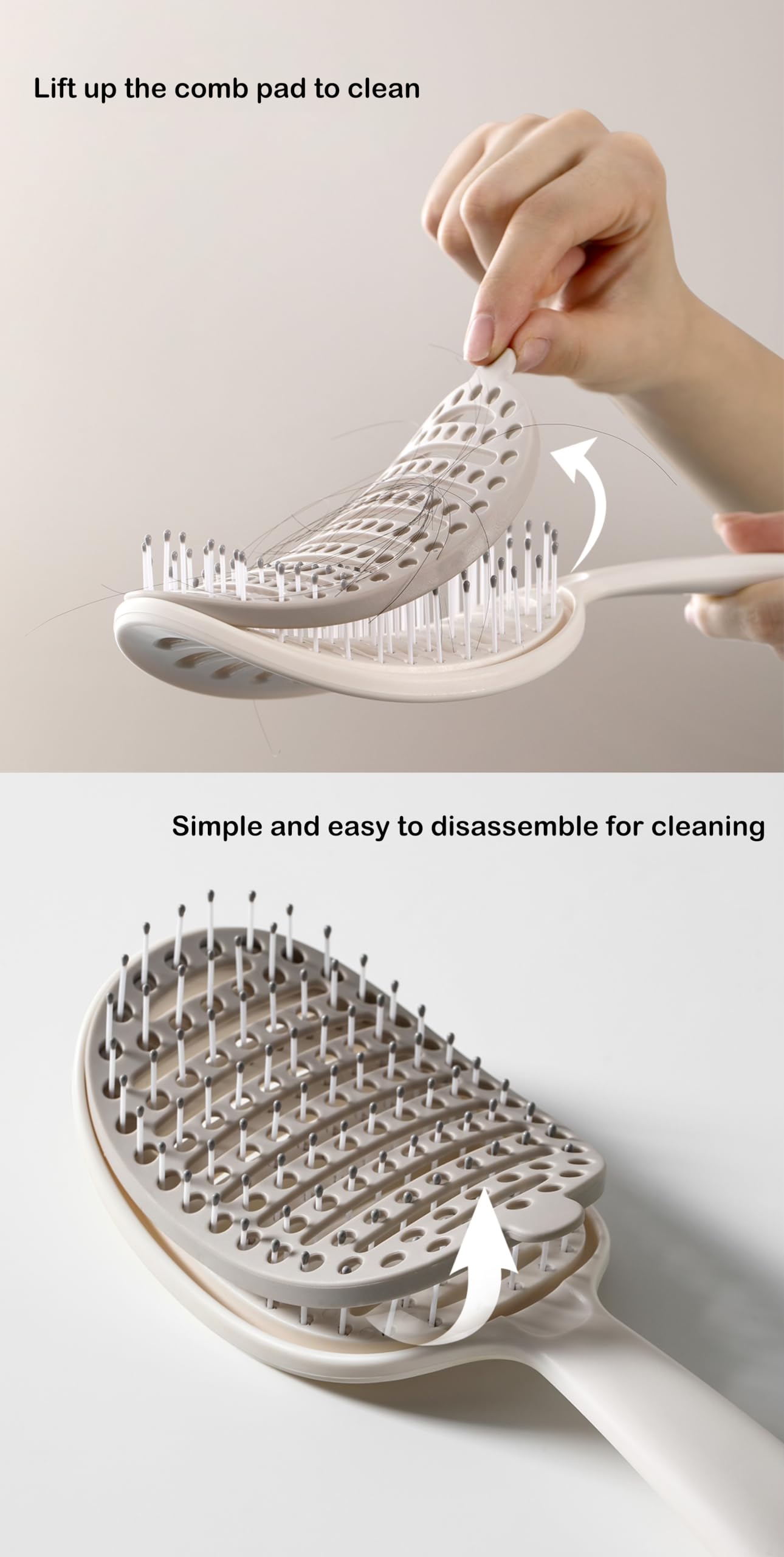 Xinqirity self-cleaning hair brush with removable comb pad for quick cleanup.