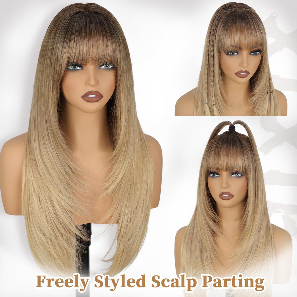 XIXIBI blonde wig with bangs demonstrates long layering for added volume.