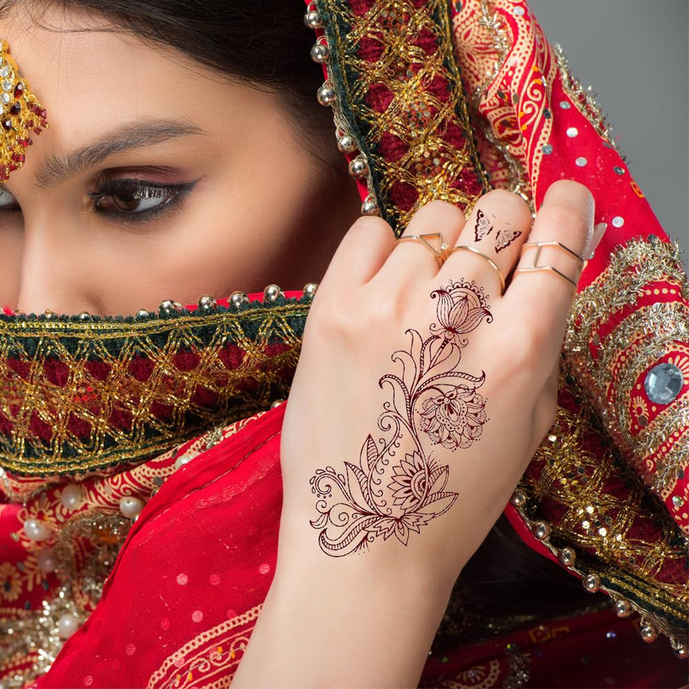 XMASIR henna stickers on skin showing quick transfer for event-ready art.