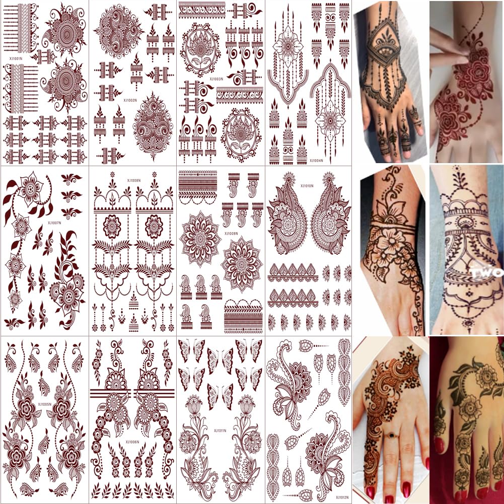 XMASIR 12-sheet henna tattoo kit displayed for body art designs.