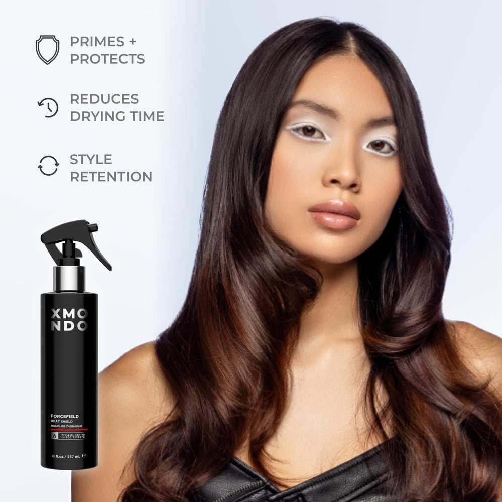 XMONDO Hair Forcefield Heat Shield finished-styled hair exhibiting smoothness and frizz control