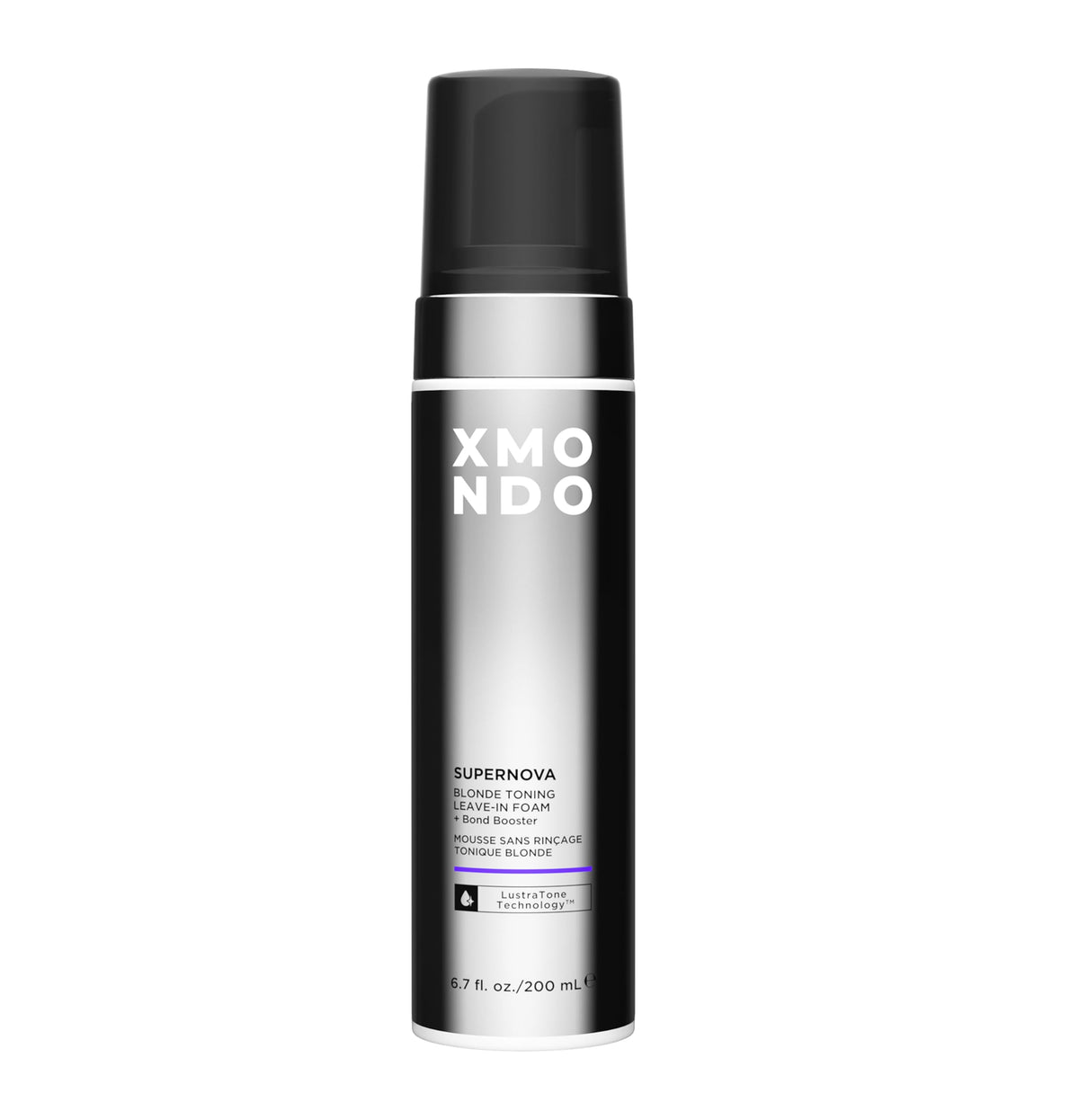 XMONDO Hair Supernova Blonde Toning Foam bottle neutralizes brassy tones for vibrant blonde looks.