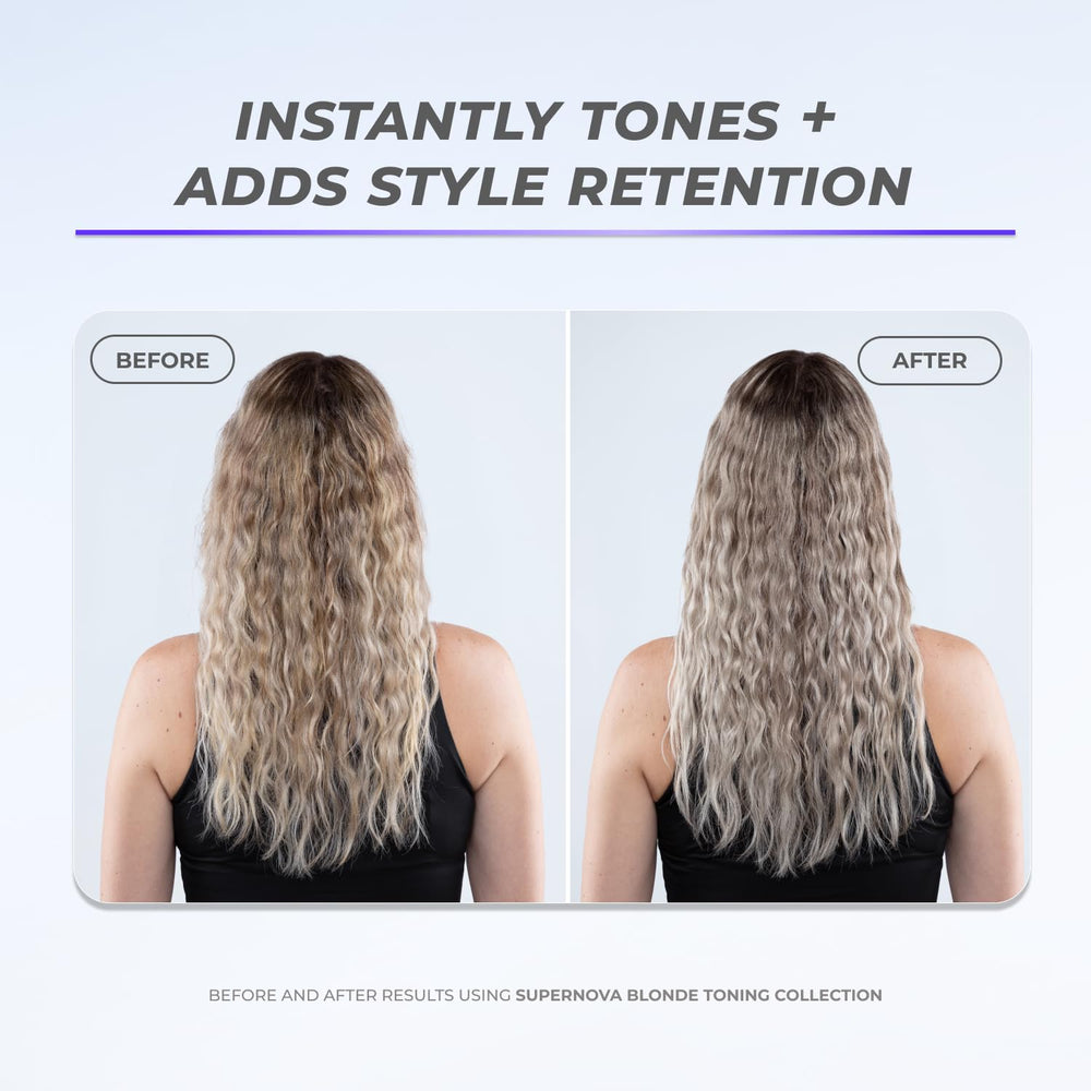 XMONDO Hair Supernova Blonde Toning Foam on hair demonstrating brassy reduction and shine.