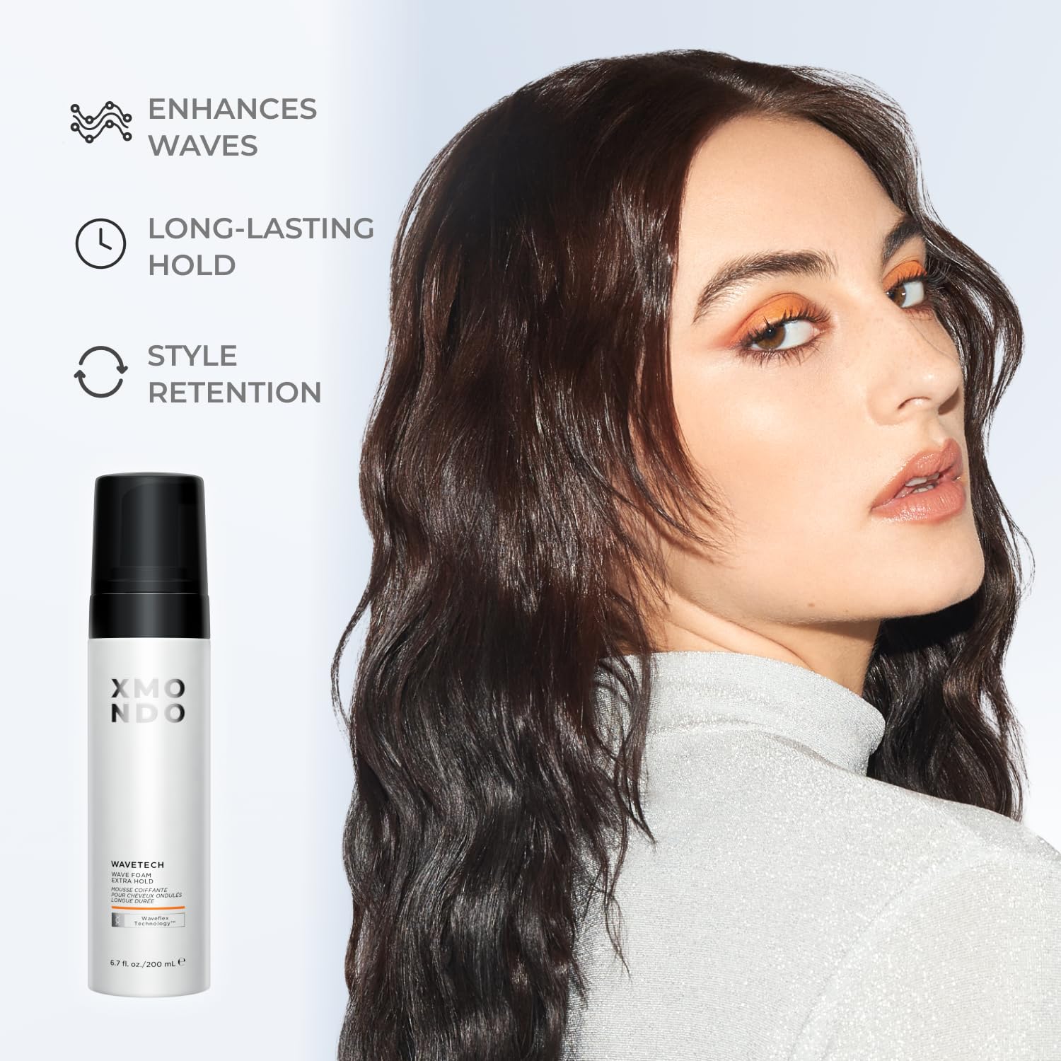 XMONDO Wave Foam dispense close-up shows creamy texture ready for styling.