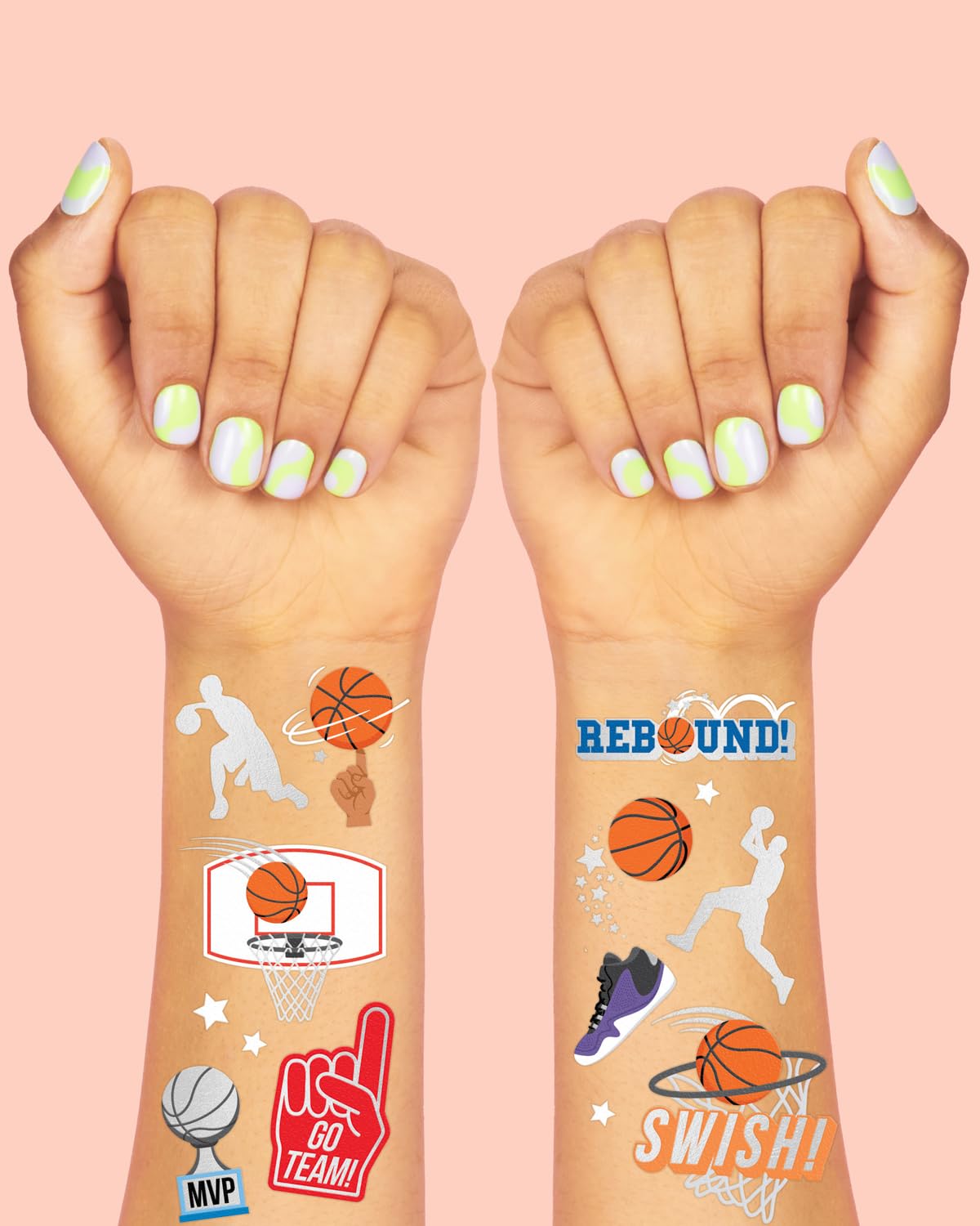 xo, Fetti basketball tattoo application demonstration on skin for easy party setup.
