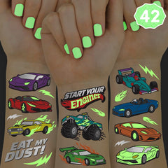 xo, Fetti cars glow-in-the-dark tattoos pack boosts party fun for kids.