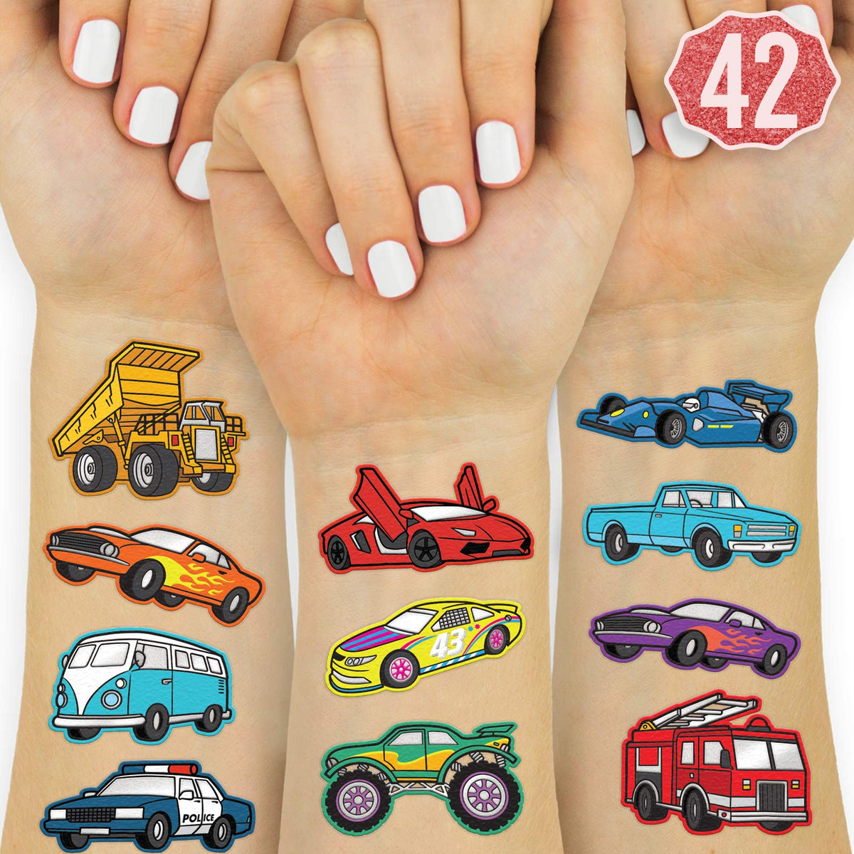 xo, Fetti cars and trucks foil tattoos sheet closeup shows shiny designs for party favors