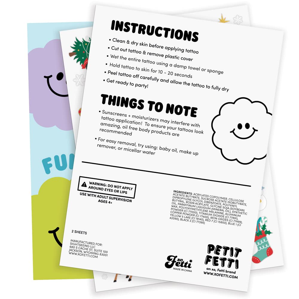 xo, Fetti Christmas tattoos packaging sheet shown for easy gift-giving
