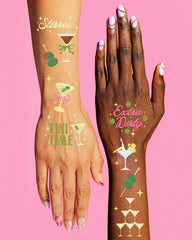 xo, Fetti gold foil tattoo detail adds glam to party looks.