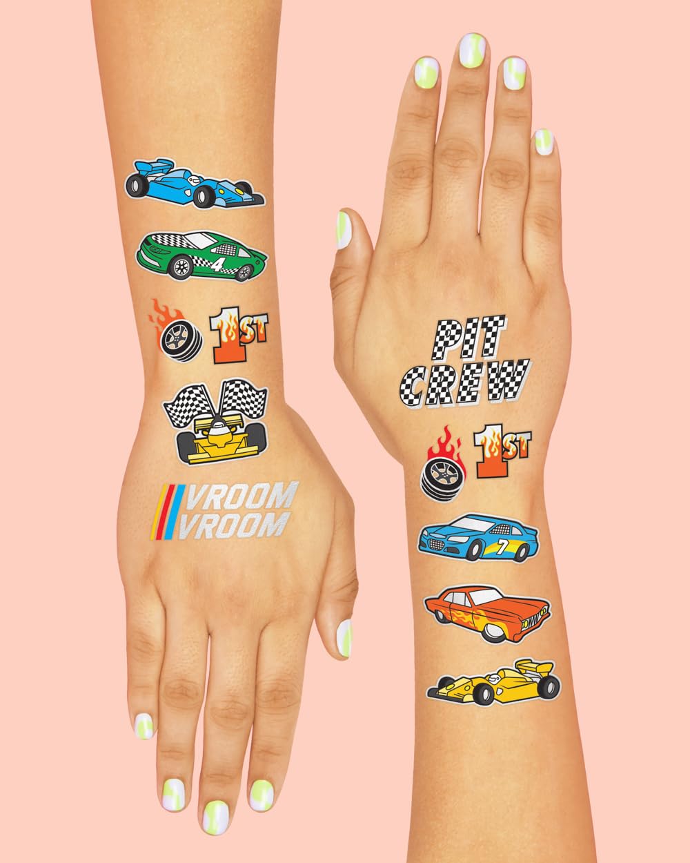 xo fetti race car foil tattoo on arm, perfect for kids' party favors