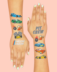 xo fetti race car foil tattoo on arm, perfect for kids' party favors
