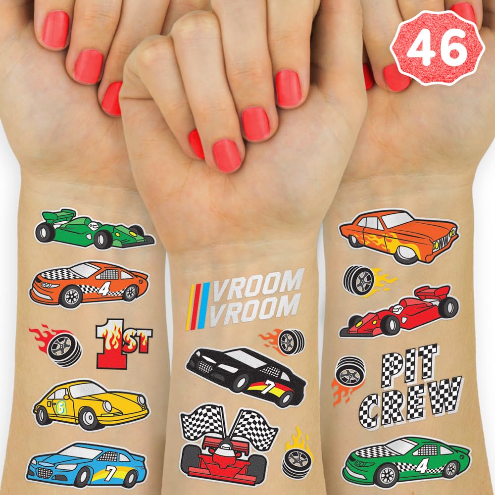 xo fetti race car tattoos sheet close-up showing foil designs for waterproof party wear